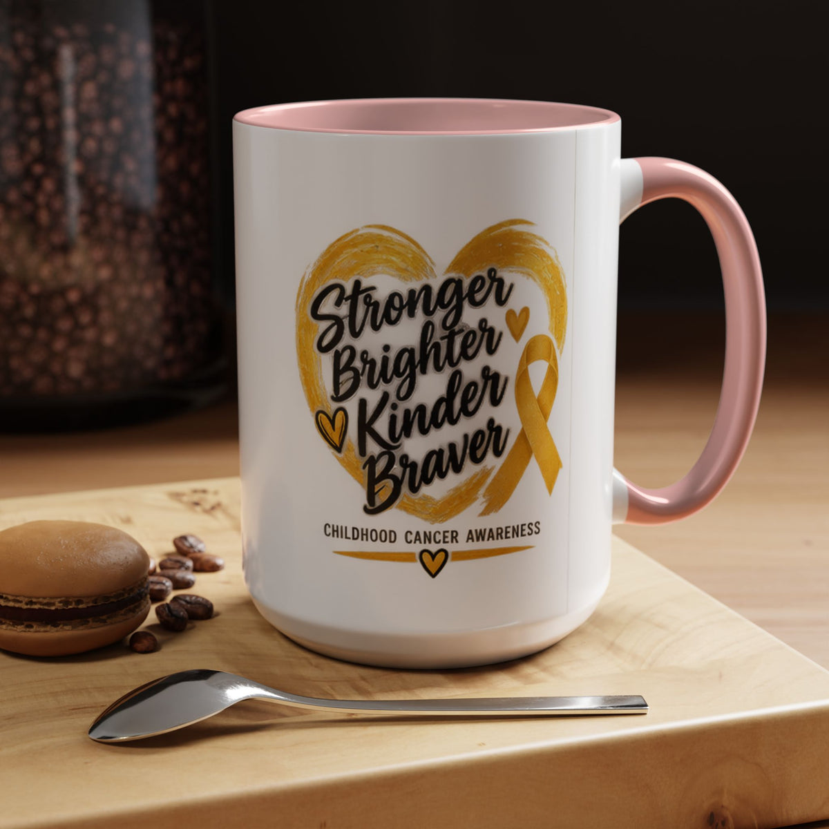 Childhood Cancer Awareness Accent Coffee Mug — "Stronger Brighter Kinder Braver"