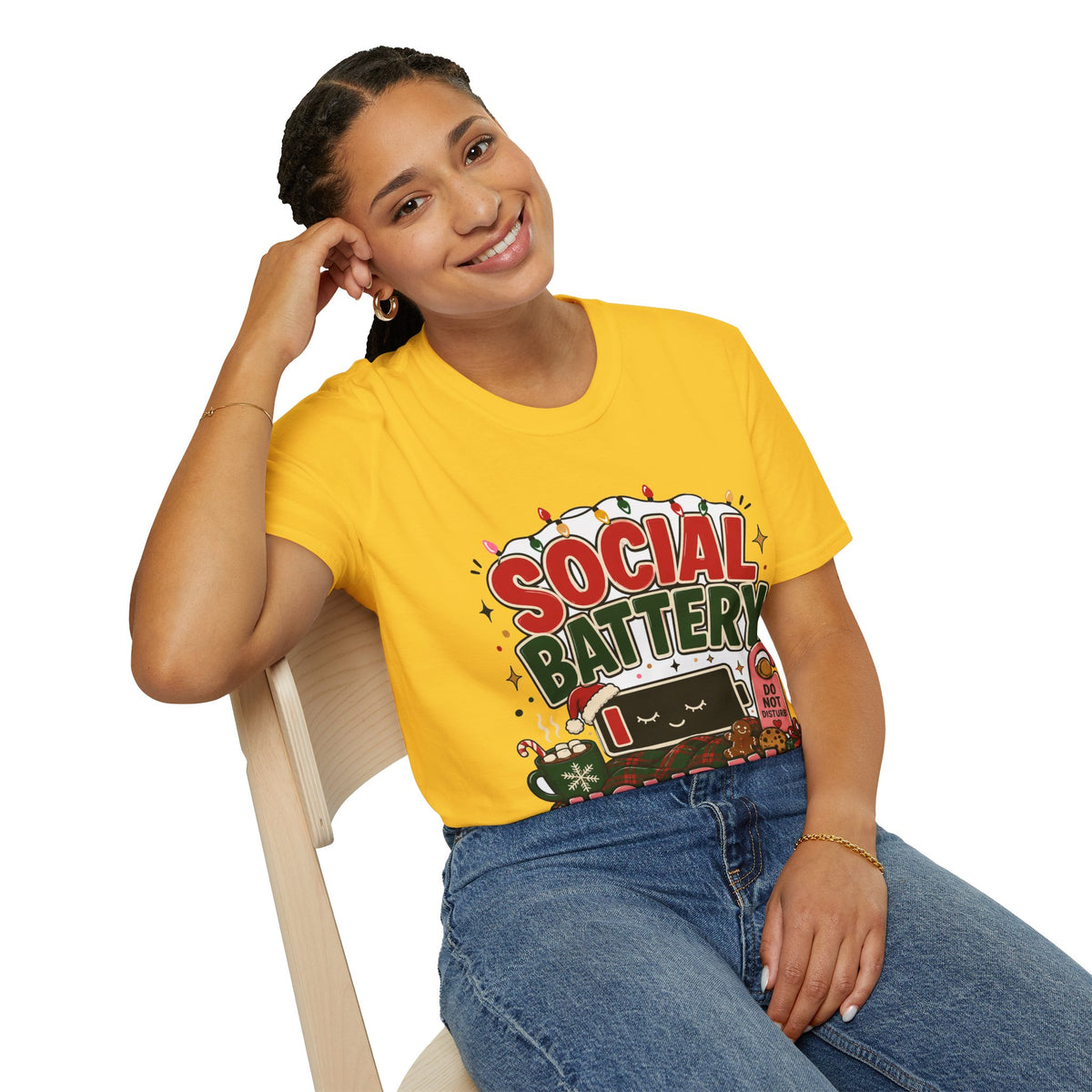 Social Battery Holiday T‑Shirt — Funny Christmas Recharge Graphic Tee