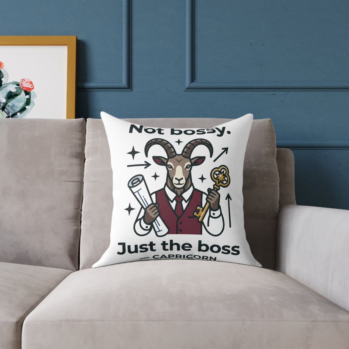 Capricorn Square Throw Pillow — “Not Bossy. Just the Boss” Goat Illustration