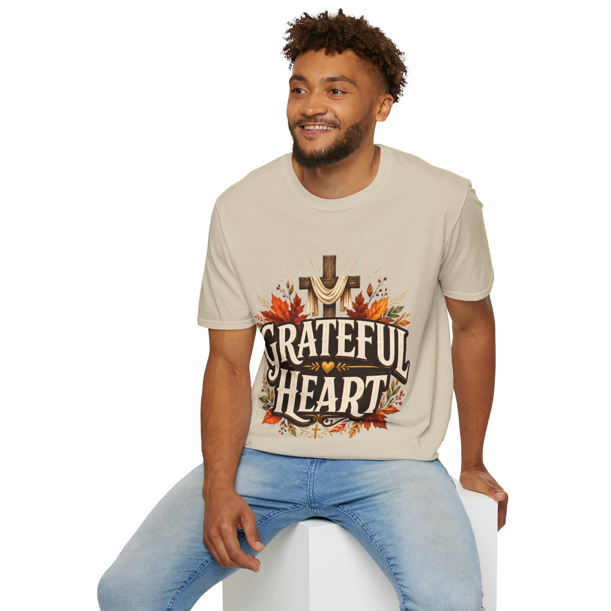 Thanksgiving T-Shirt Grateful Heart T-Shirt — Christian Cross & Autumn Leaves Thanksgiving Tee