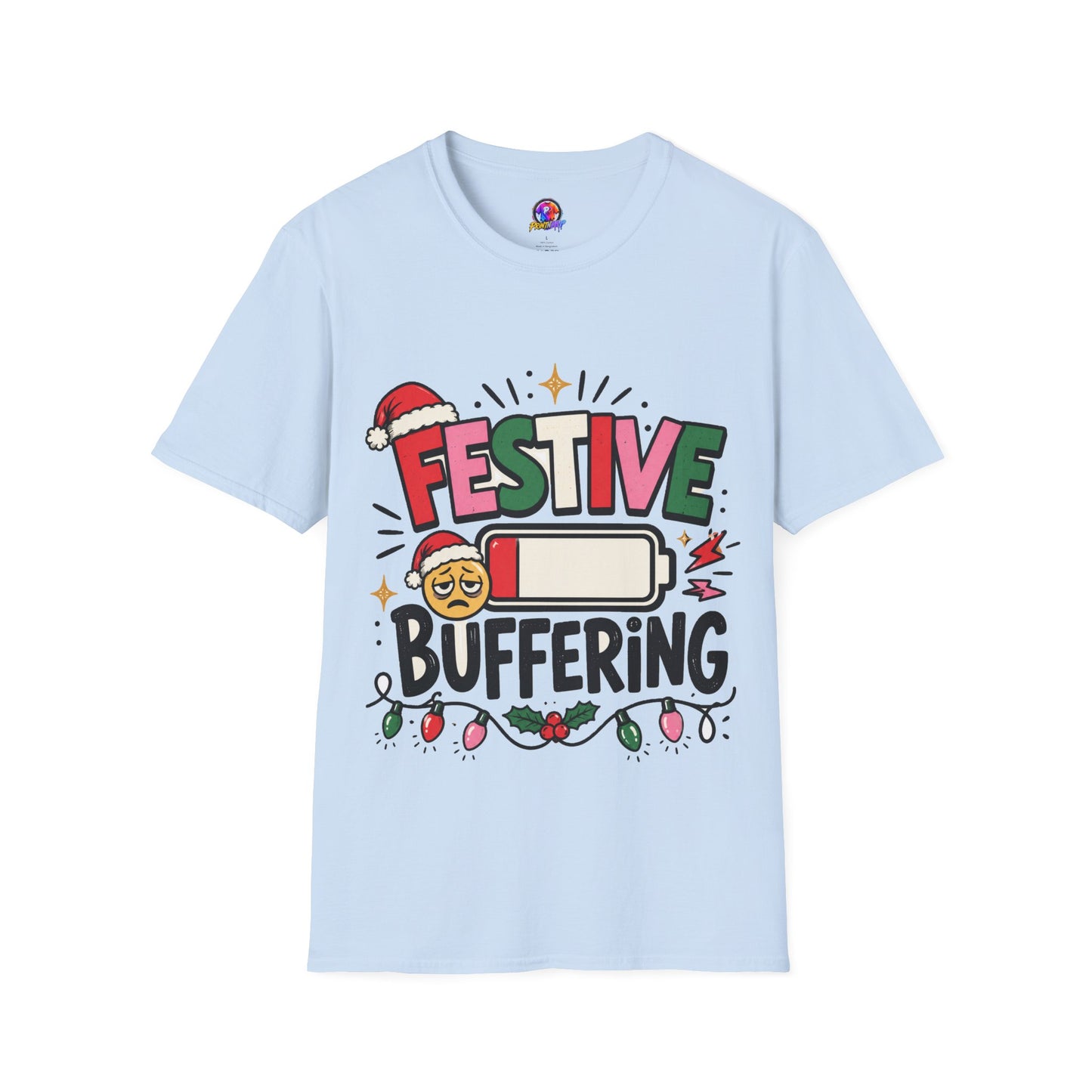 Festive Buffering T-Shirt — Funny Holiday Christmas Tee with Loading Battery Design