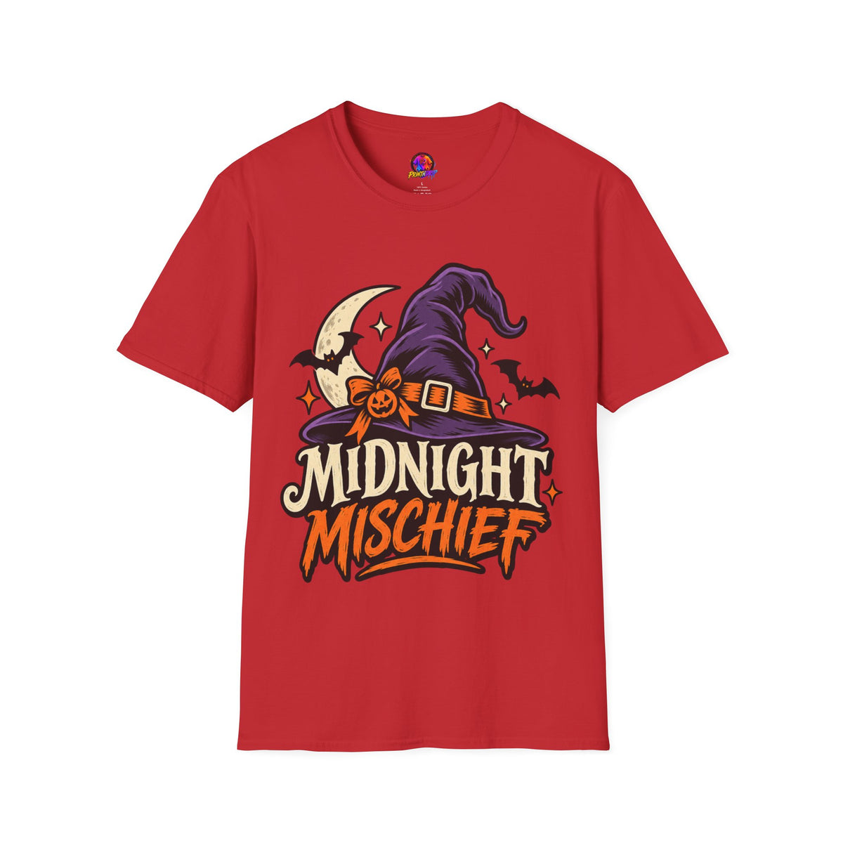 Midnight Mischief Halloween T-Shirt — Witch Hat & Bats Graphic