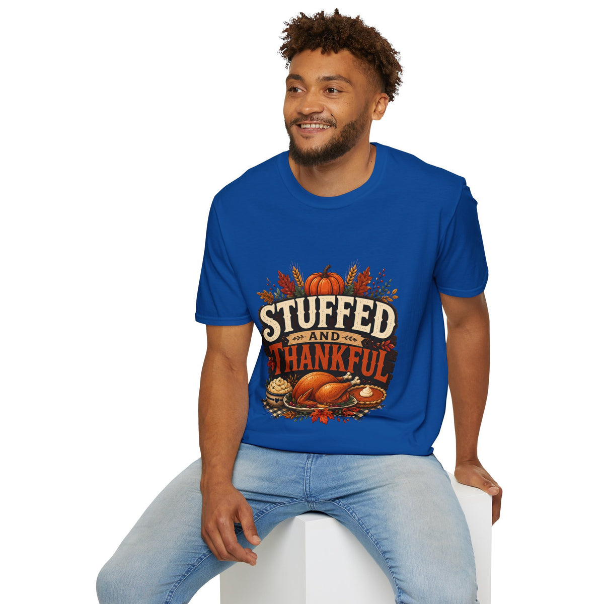 Thanksgiving T-Shirt Stuffed and Thankful T-Shirt — Thanksgiving Pumpkin Fall Graphic Tee