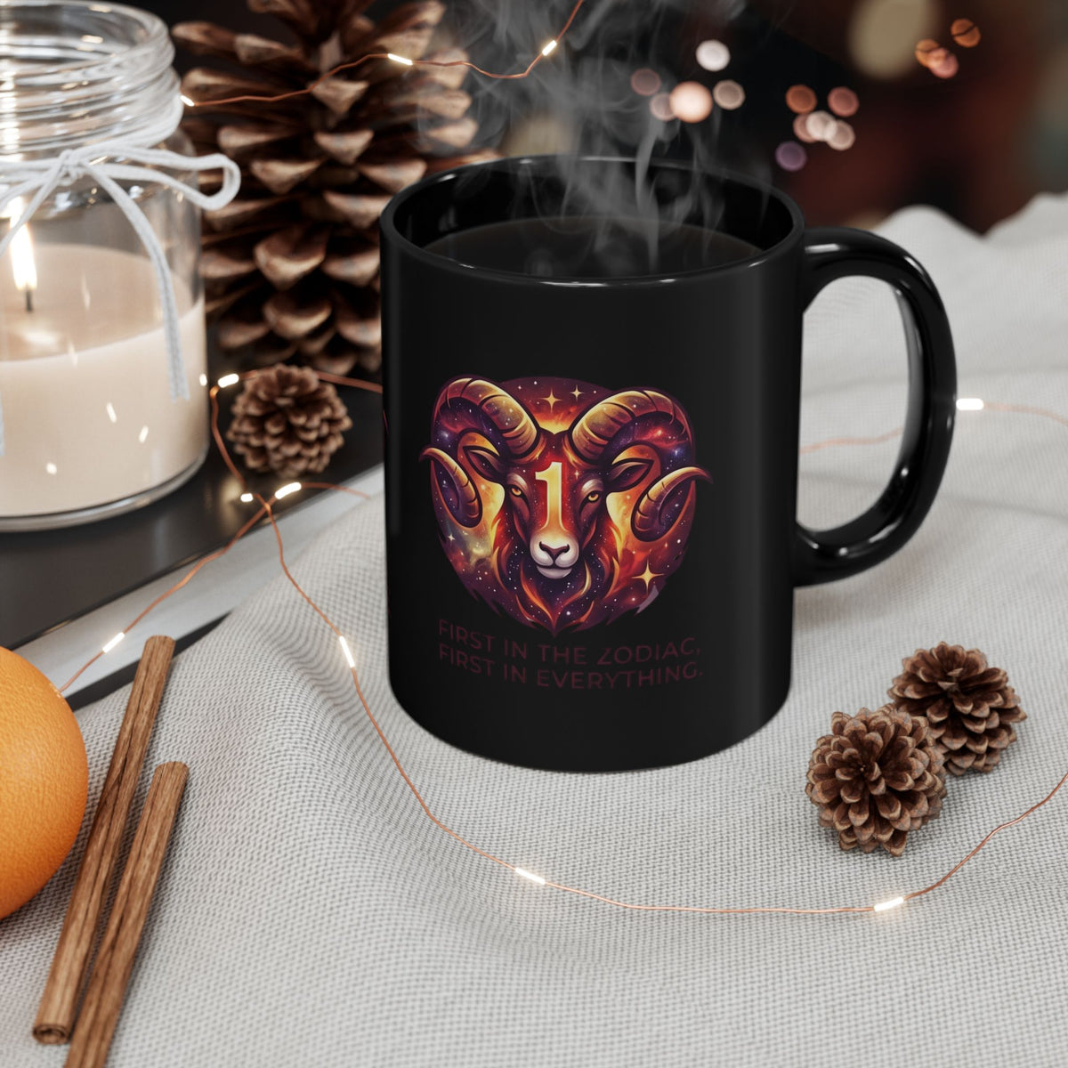 Aries Zodiac Black Coffee Mug — 'First In The Zodiac, First In Everything' Astrological Gift