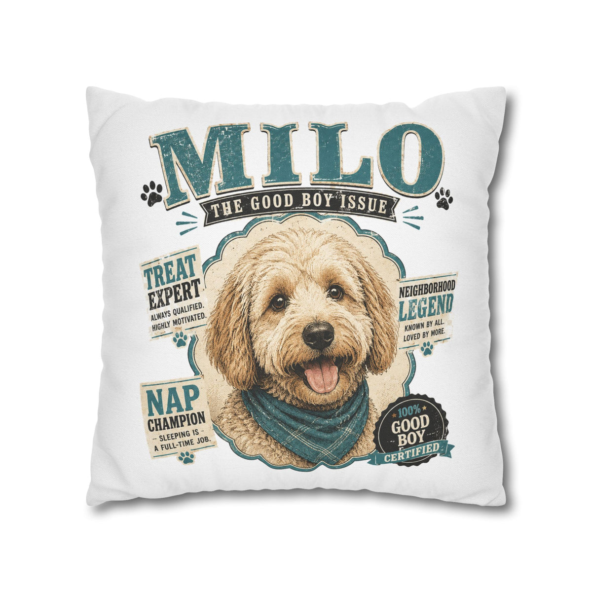 Milo 'The Good Boy Issue' Decorative Dog Pillowcase — Personalized Pet Name Cushion Cover Milo Bailey Dog Dad Mom