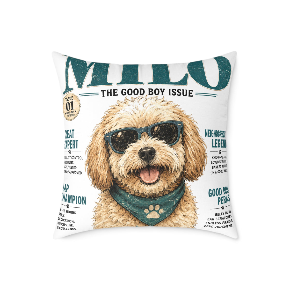 Milo 'The Good Boy Issue' Square Throw Pillow - Milo Bailey Dog Dad Mom Cute Dog Magazine Cover Decor