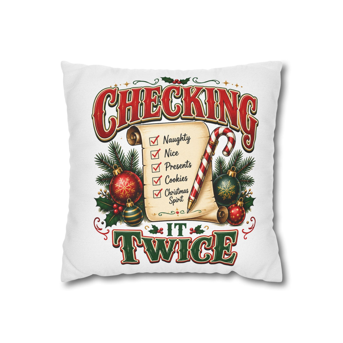 Checking It Twice Christmas Pillowcase — Festive Holiday Checklist Throw Pillow Cover