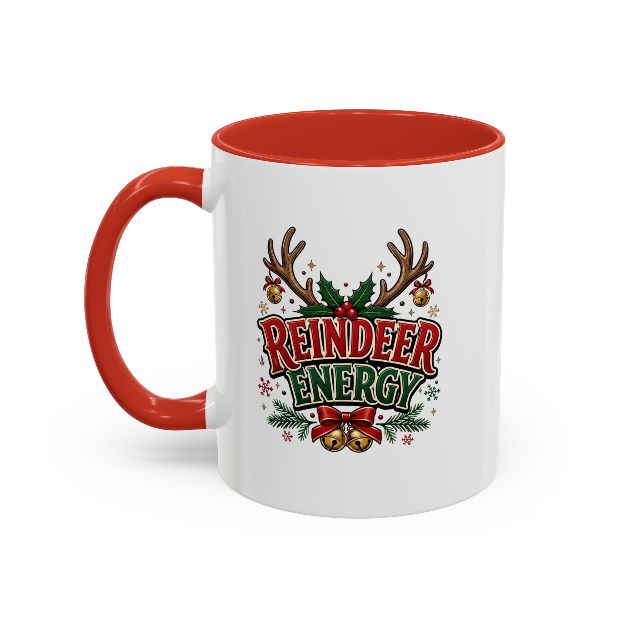 Reindeer Energy Coffee Mug – Holiday Christmas Antlers & Bells Accent Mug