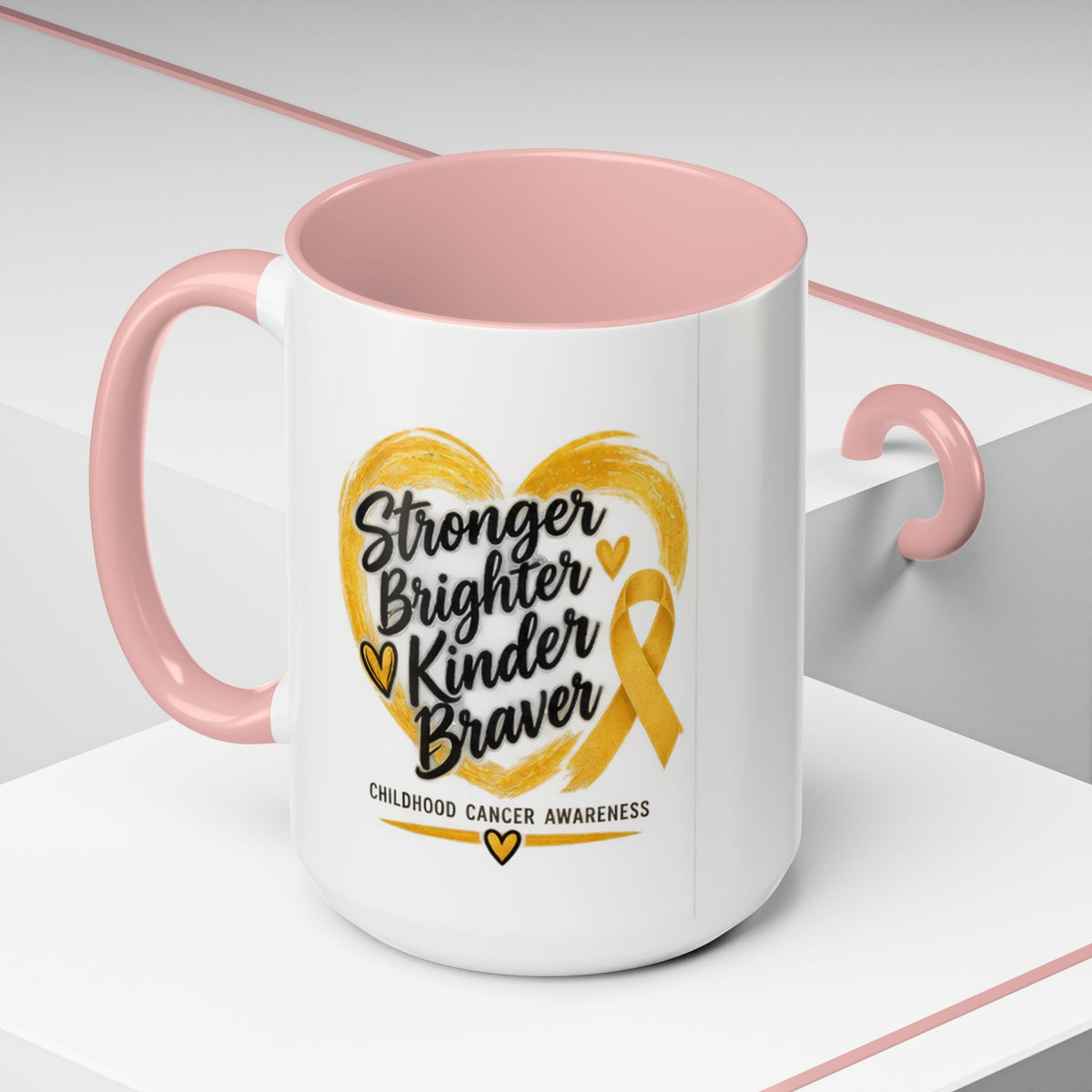 Childhood Cancer Awareness Accent Coffee Mug — "Stronger Brighter Kinder Braver"