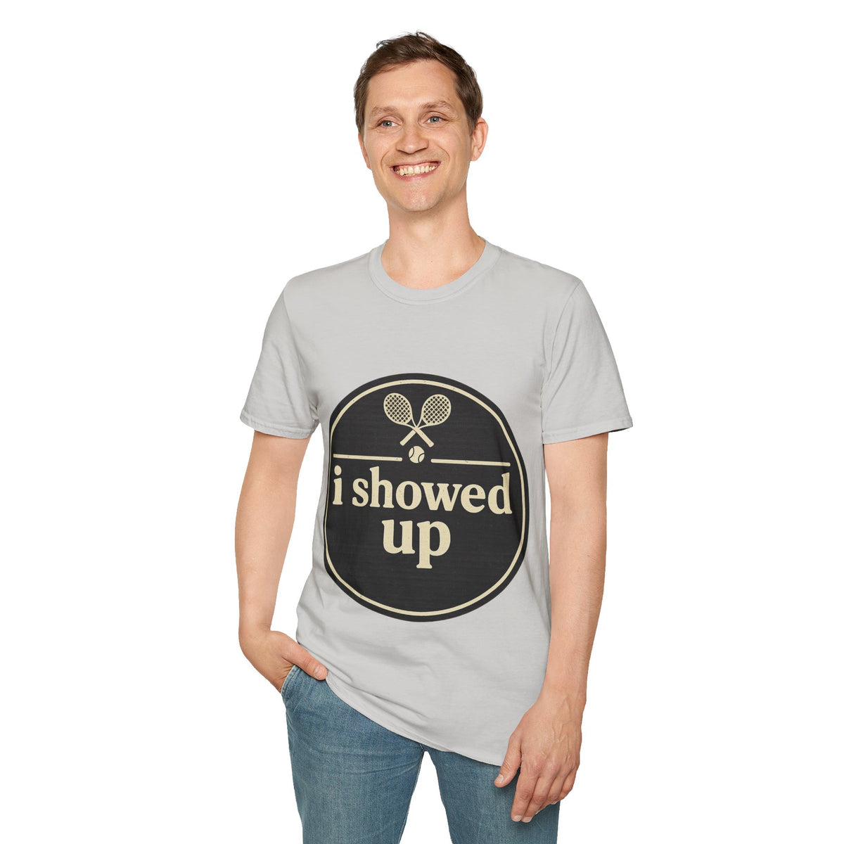 "I Showed Up" Vintage Tennis Badge Tee - Minimalist Retro Athletic Club Gym White T-Shirt - Trending Now - September 2026