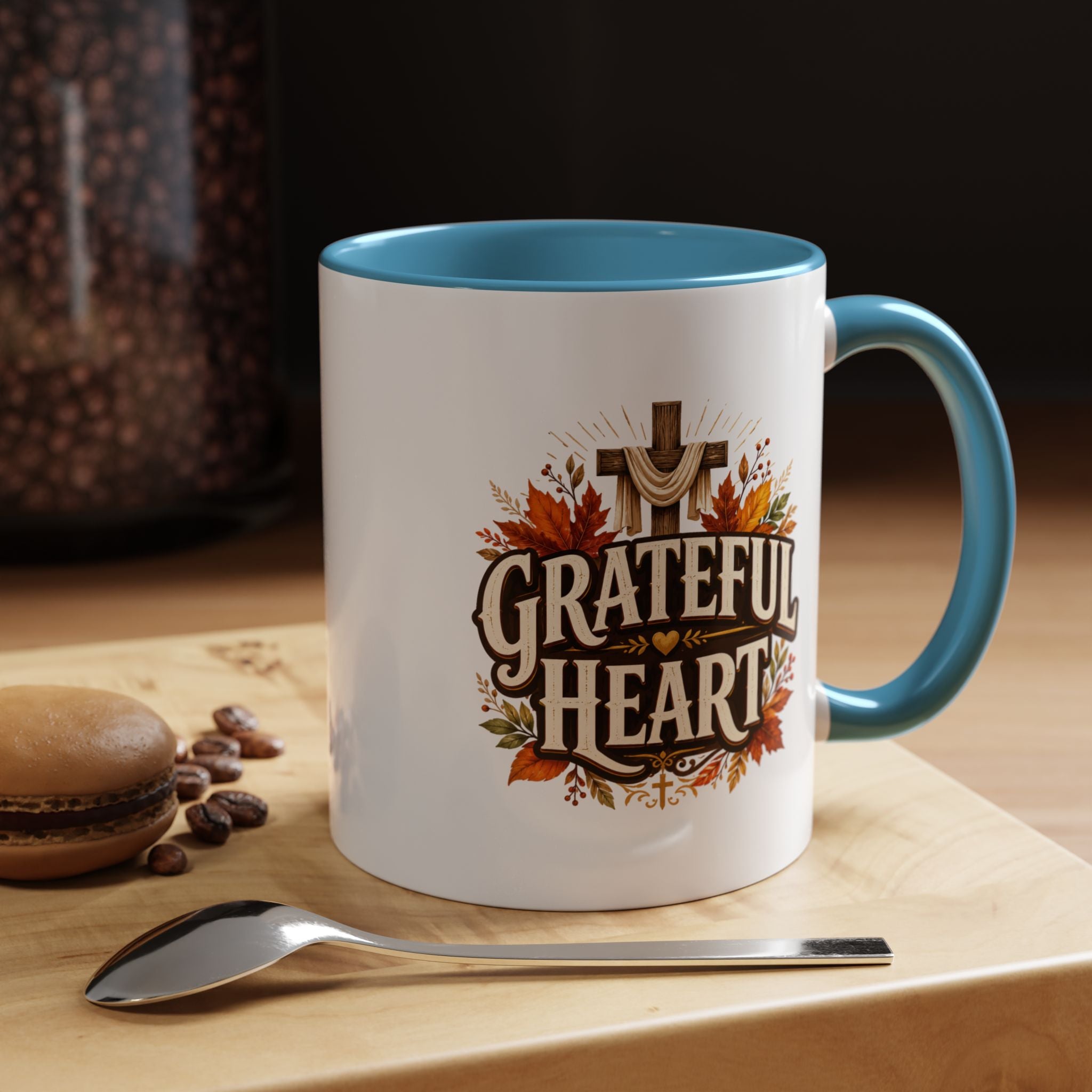 Thanksgiving Mug Grateful Heart Accent Coffee Mug – Autumn Leaves & Cross Spiritual Thanksgiving Gift