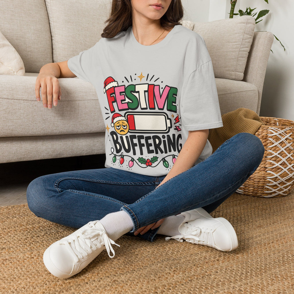 Festive Buffering T-Shirt — Funny Holiday Christmas Tee with Loading Battery Design