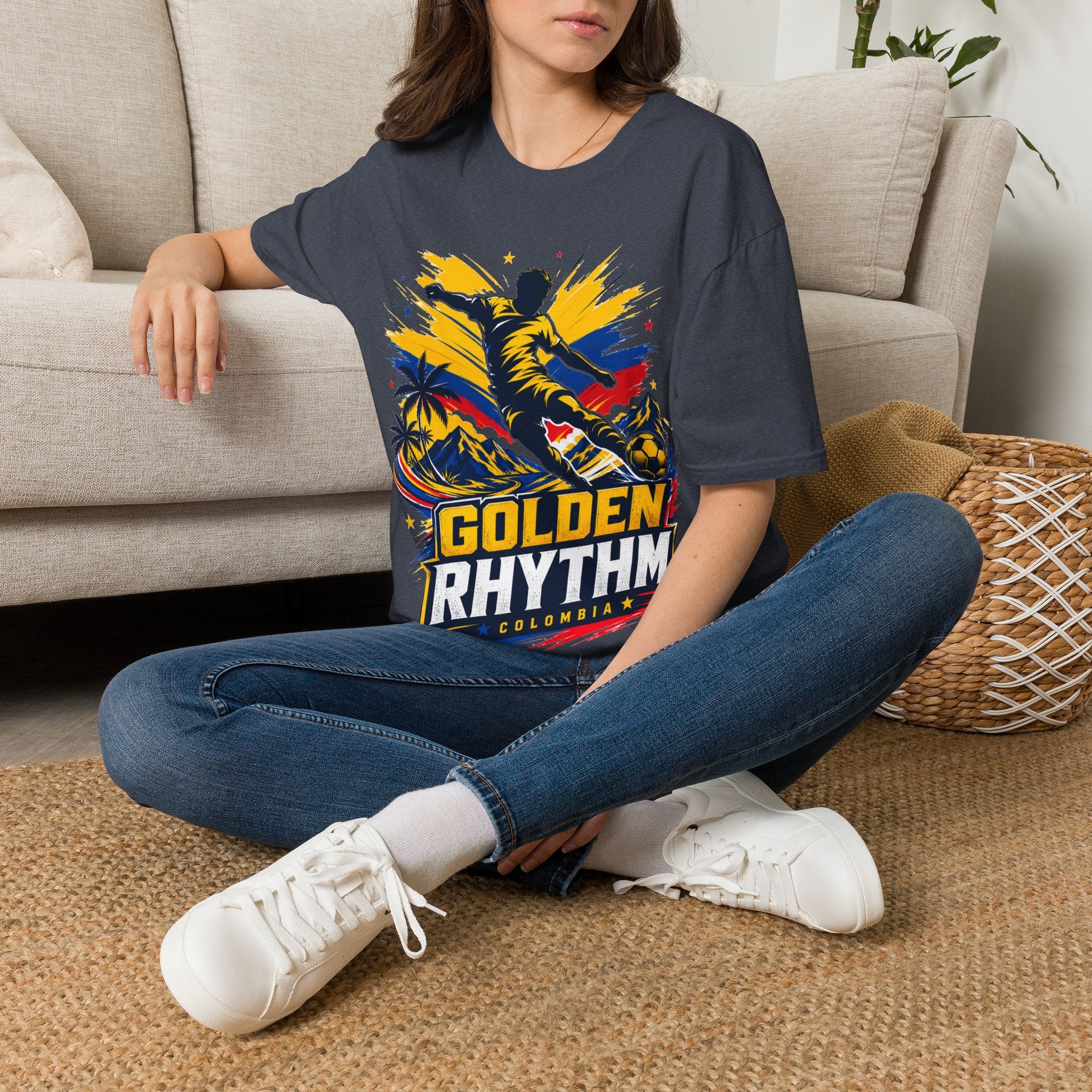 Columbia Soccer Player Graphic T-Shirt — "Golden Rhythm" Vibrant Beach Soccer Tee