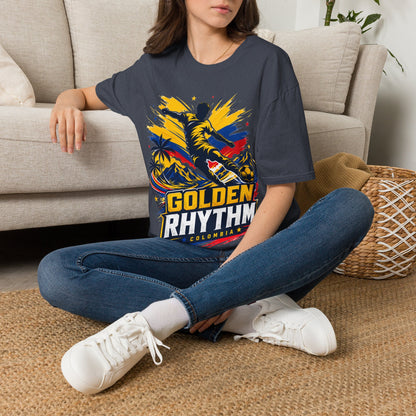 Columbia Soccer Player Graphic T-Shirt — "Golden Rhythm" Vibrant Beach Soccer Tee
