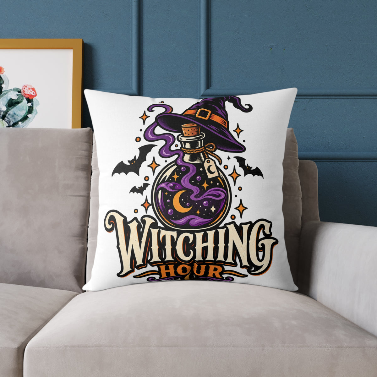 Witching Hour Halloween Decorative Pillow — Witch Hat & Potion Bottle Design