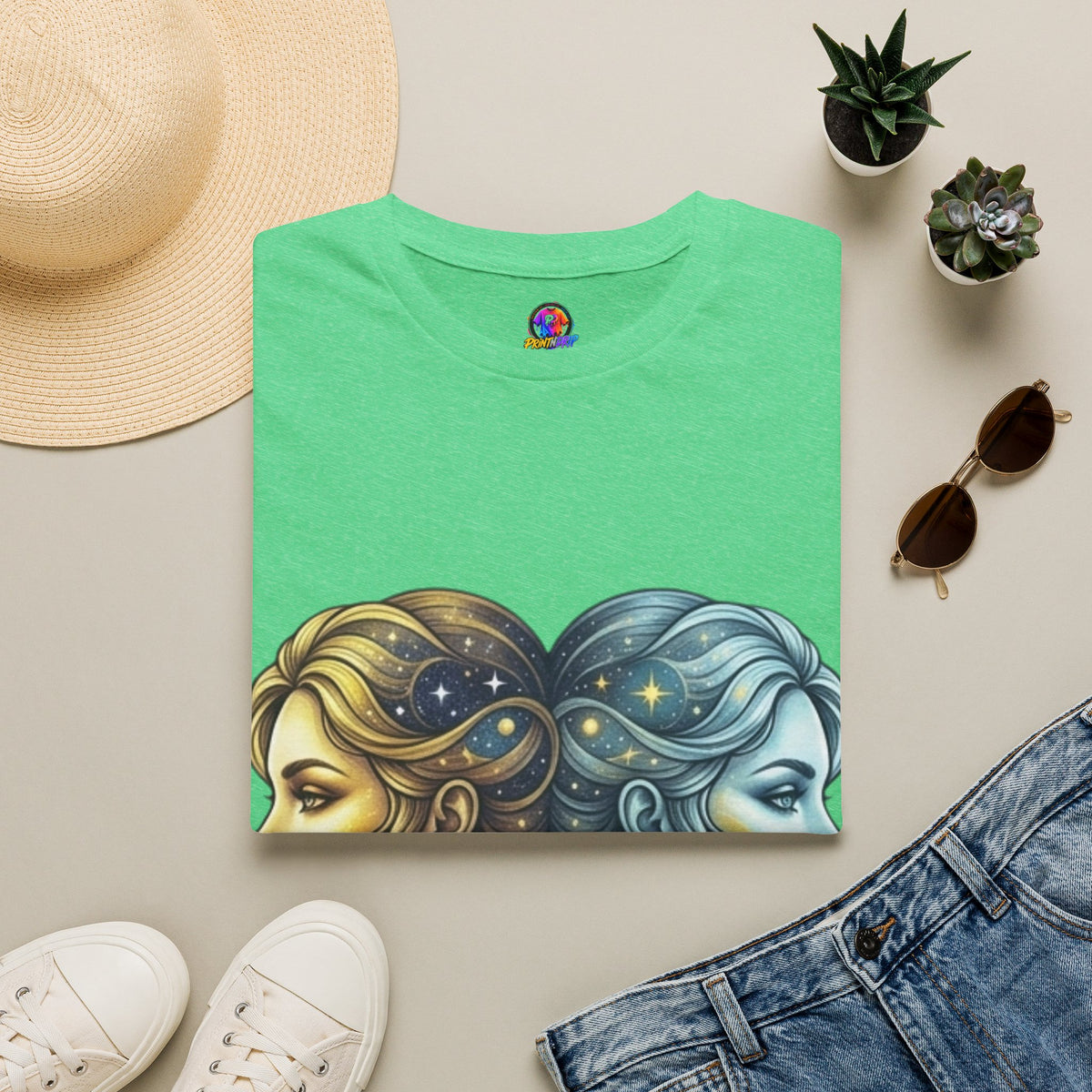 Zodiac Gemini Sun & Moon T-Shirt — Dual Faces Cosmic Design