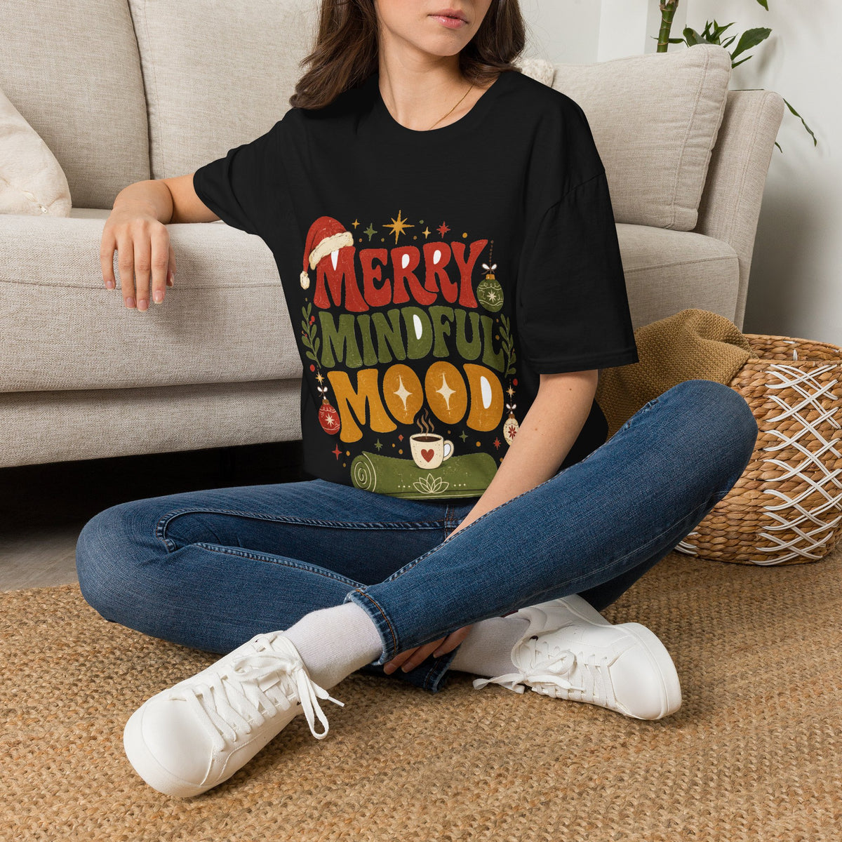 Merry Mindful Mood T-Shirt — Cozy Holiday Christmas Graphic Tee
