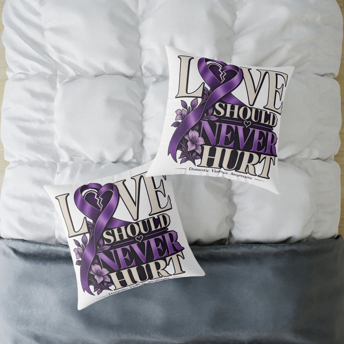 Square Pillow — "Love Should Never Hurt" Purple Ribbon Domestic Violence Awareness