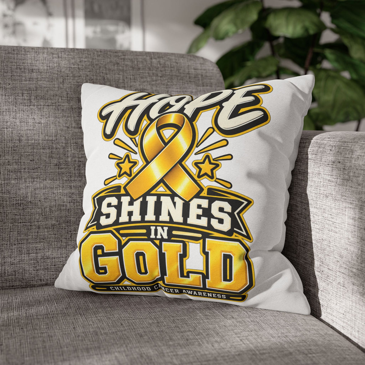 Hope Shines in Gold Pillowcase — Childhood Cancer Awareness Ribbon Decorative Pillow