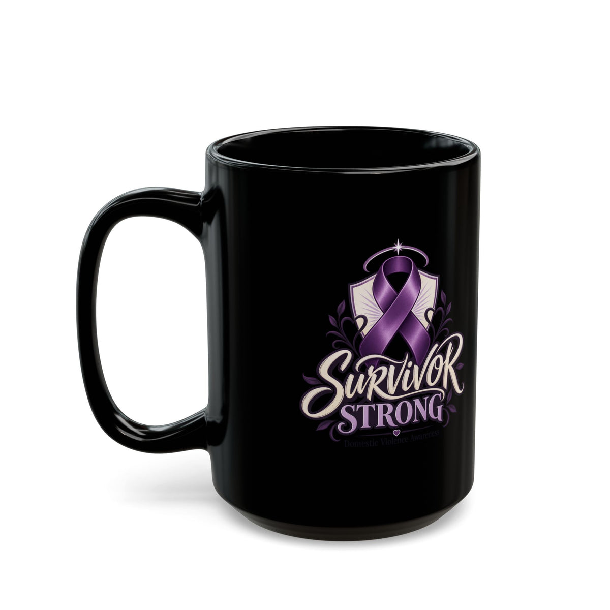 Survivor Strong Purple Ribbon Mug —Domestic Violence  Awareness Black Coffee Cup (11oz, 15oz)