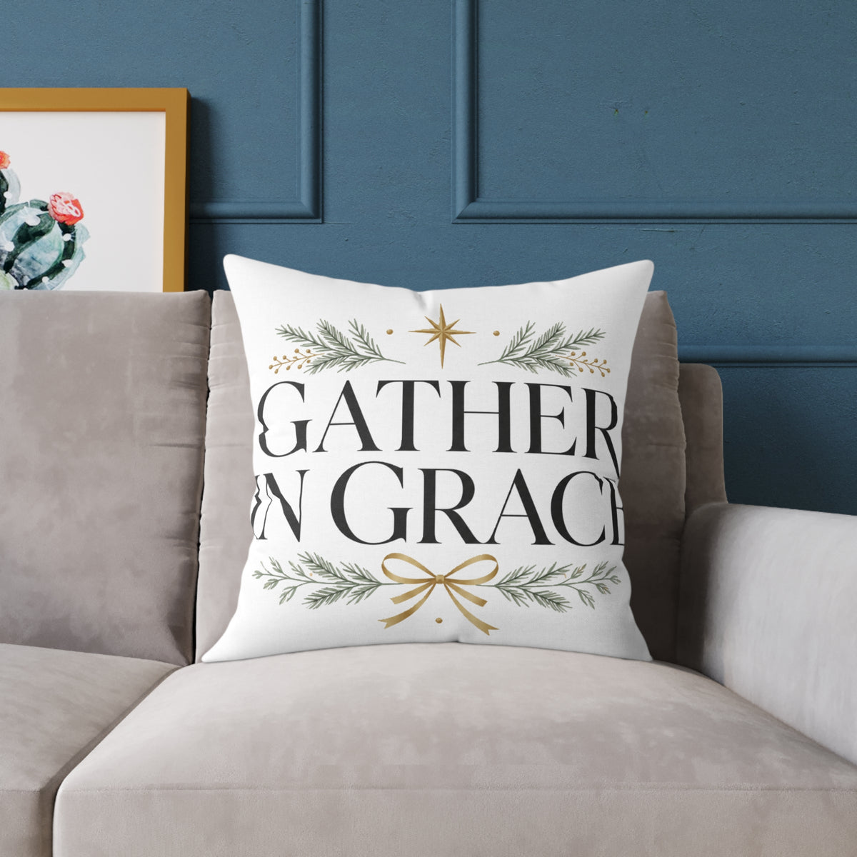 Christmas Gather in Grace Holiday Pillow - Square Poly Canvas Throw Pillow