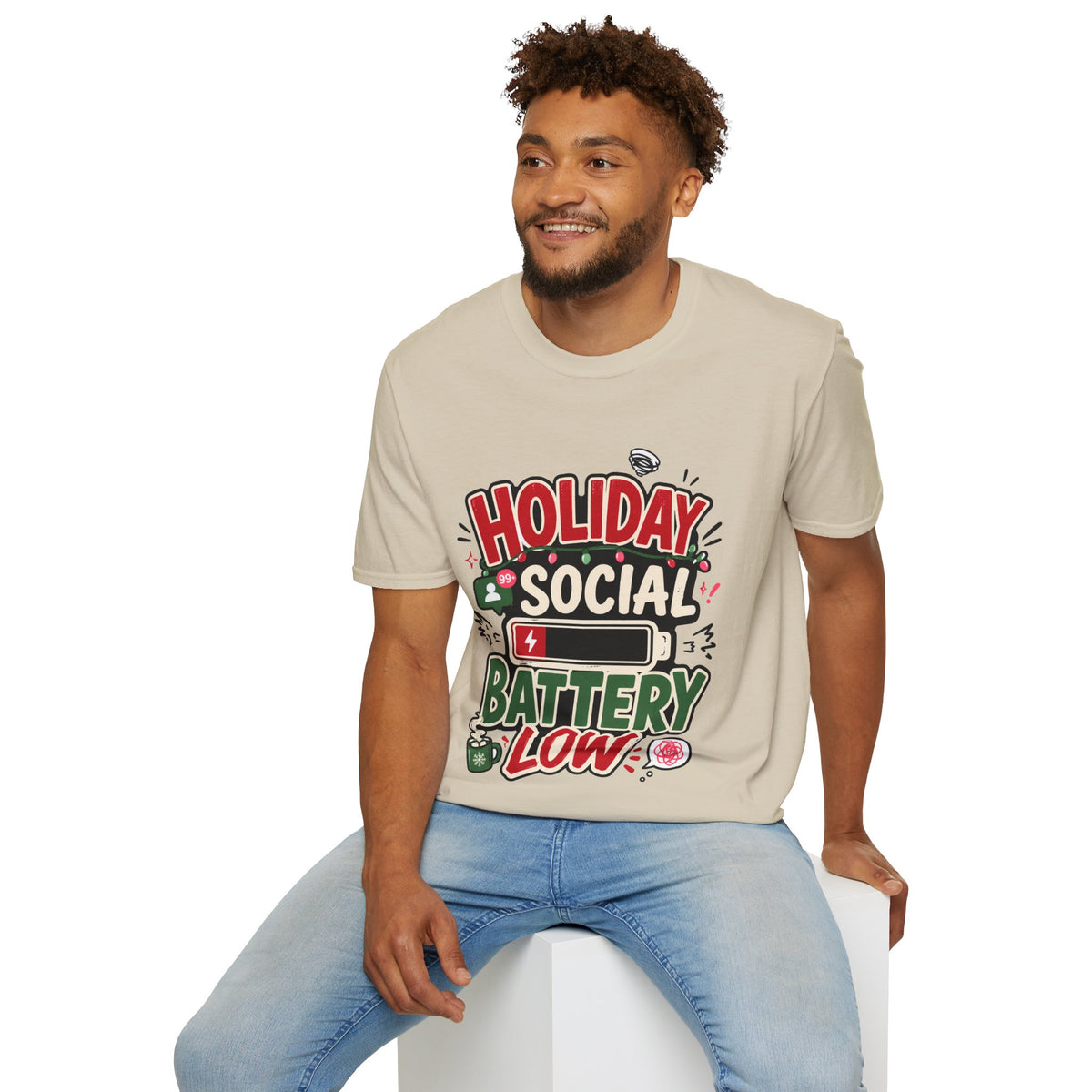 Holiday Social "Battery Low" T‑Shirt — Funny Festive Party Tee for Introverts & Holiday Gatherings