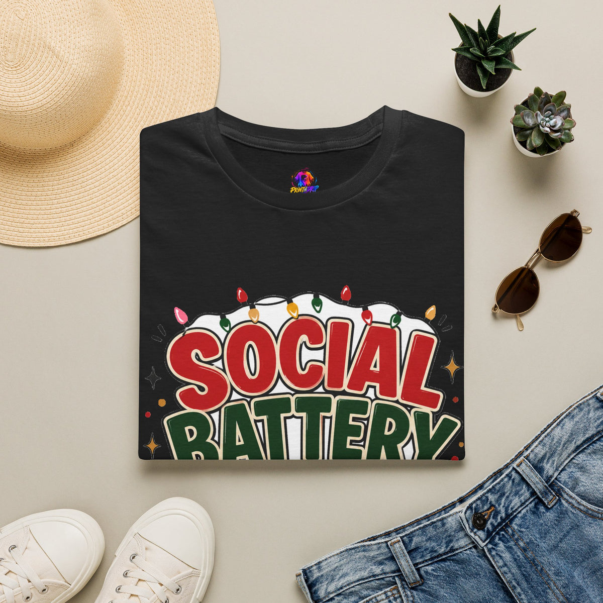 Social Battery Holiday T‑Shirt — Funny Christmas Recharge Graphic Tee