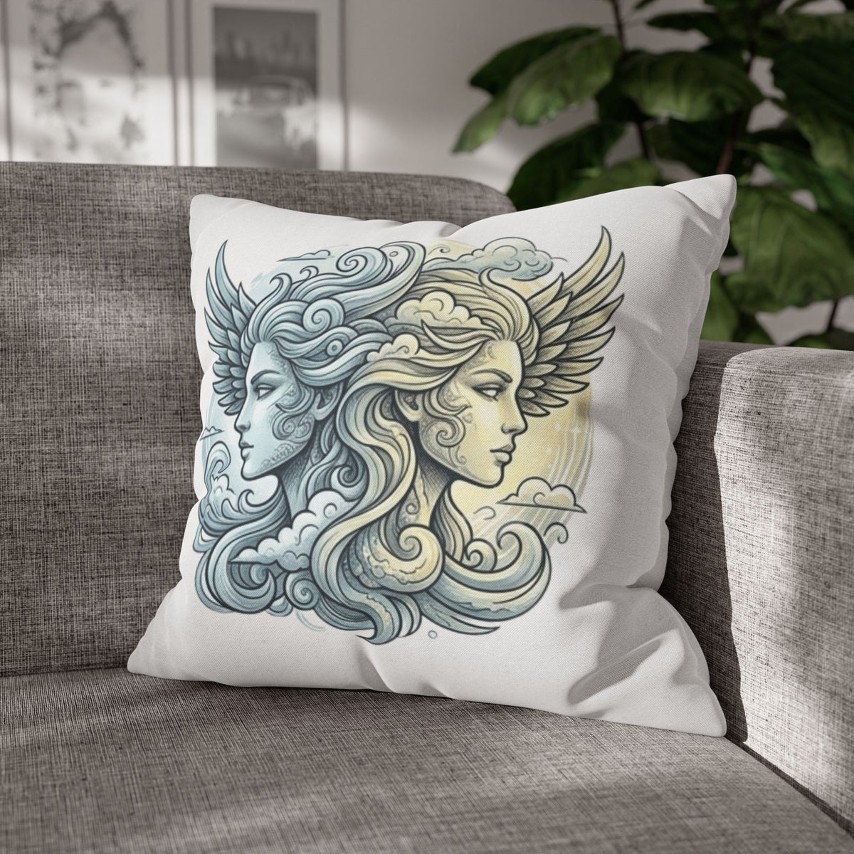 Gemini Dual Goddess Decorative Pillowcase — Celestial Sun & Moon Art Throw Pillow