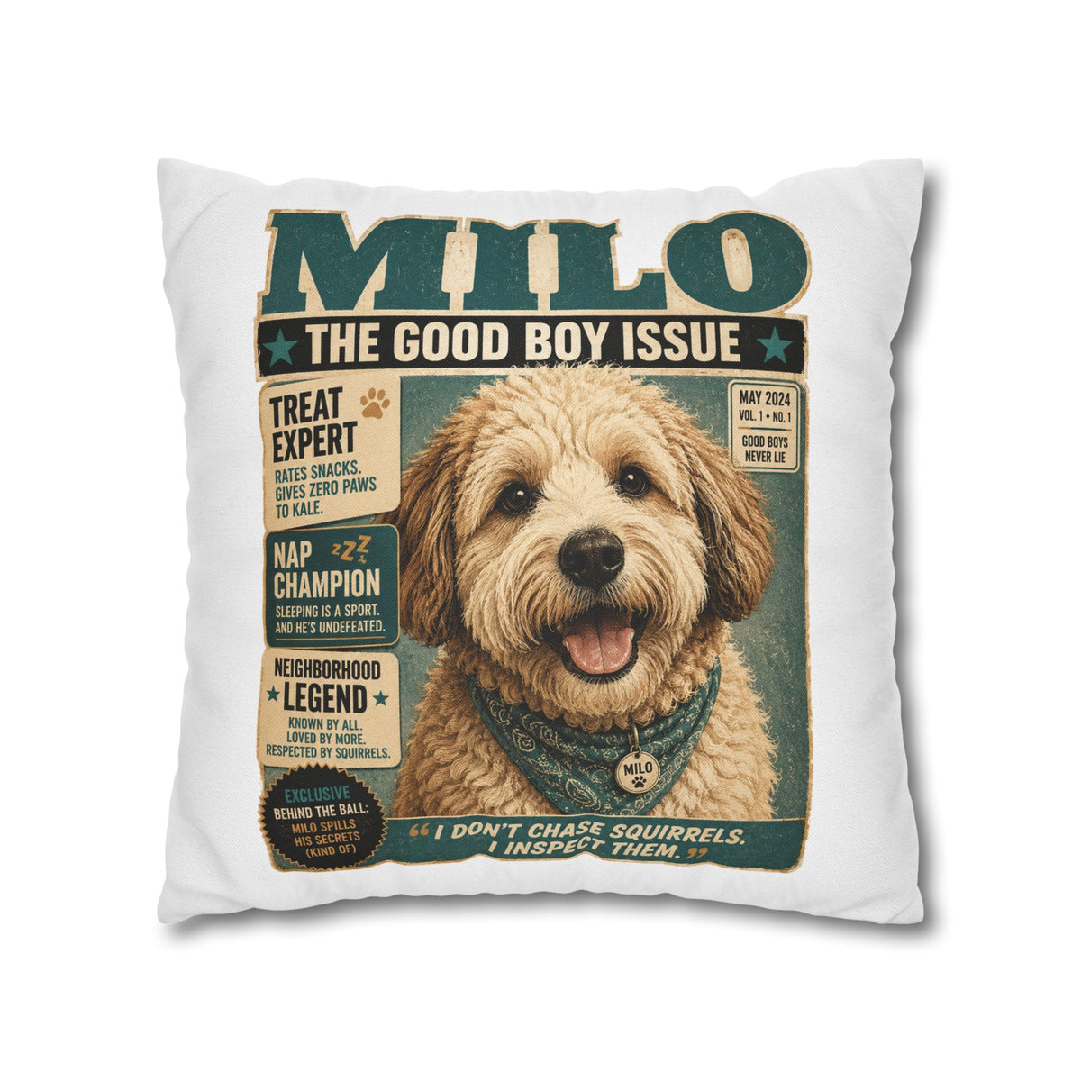 Dog Magazine Cover Pillowcase Milo Bailey Dog Dad Mom– "Milo: The Good Boy Issue" Decorative Throw Pillow