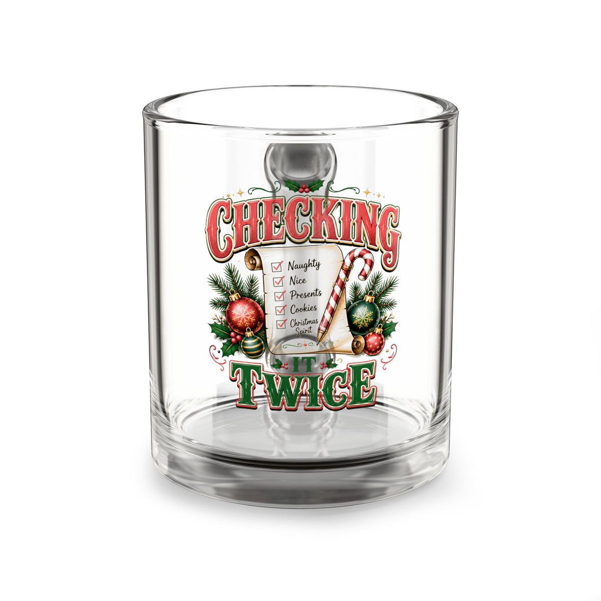 Christmas Glass Mug 10 oz Checking Twice Glass Mug — Christmas Holiday Coffee Cup (10 oz)