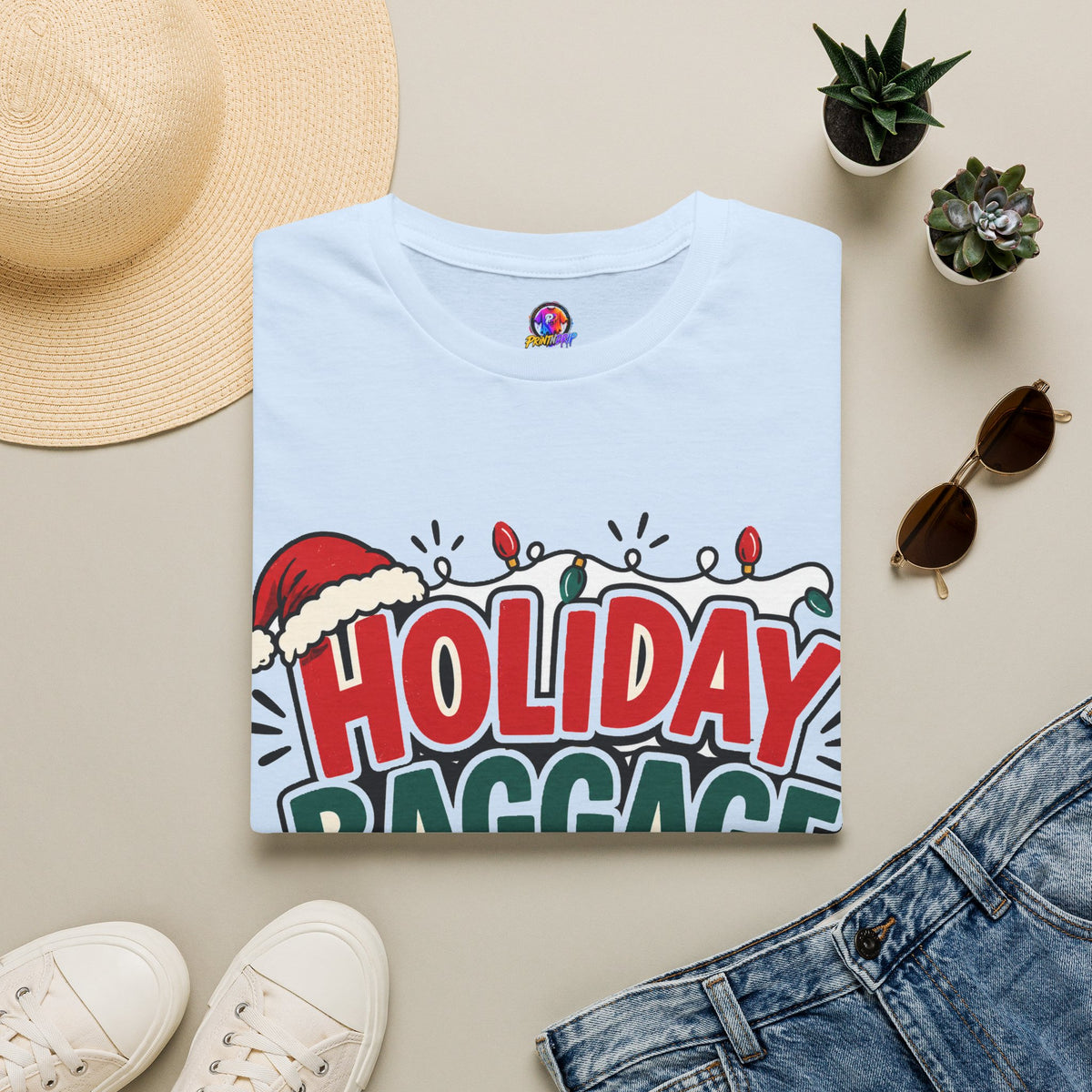 Holiday Baggage Claim T-Shirt — Funny Christmas Vacation Tee with Santa Hat & Lights