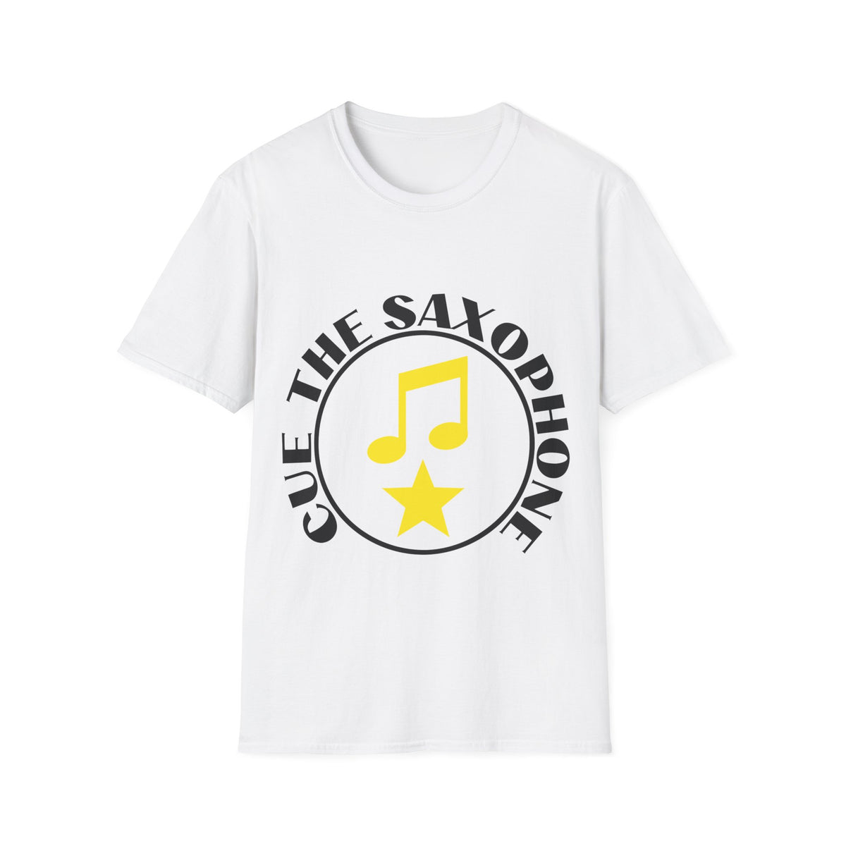 Cue The Saxophone Yellow Badge Tee - Funny Retro Music Slogan Graphic T-Shirt - Trending Now - September 2026
