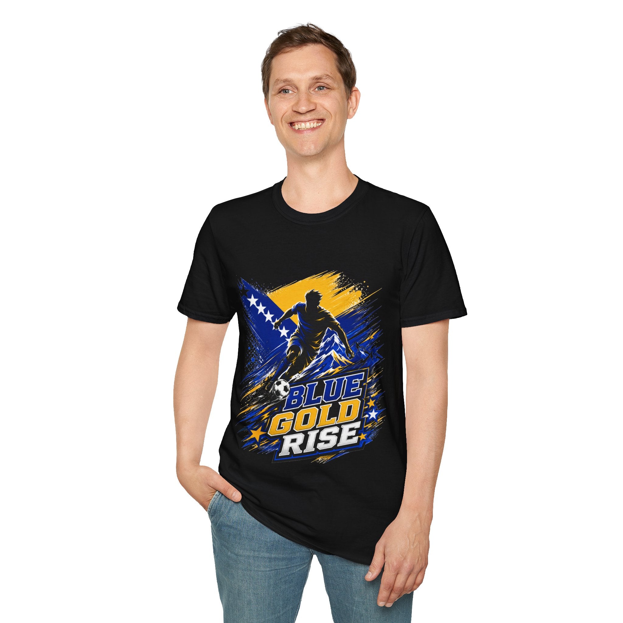 Bosnia Football T‑Shirt - "Blue Gold Rise" Soccer Graphic Tee
