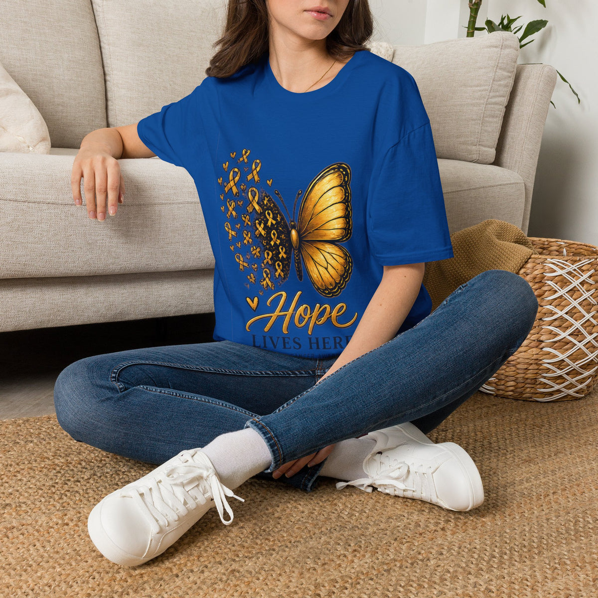 Hope Lives Here Gold Ribbon Butterfly Childhood Cancer Awareness T-Shirt