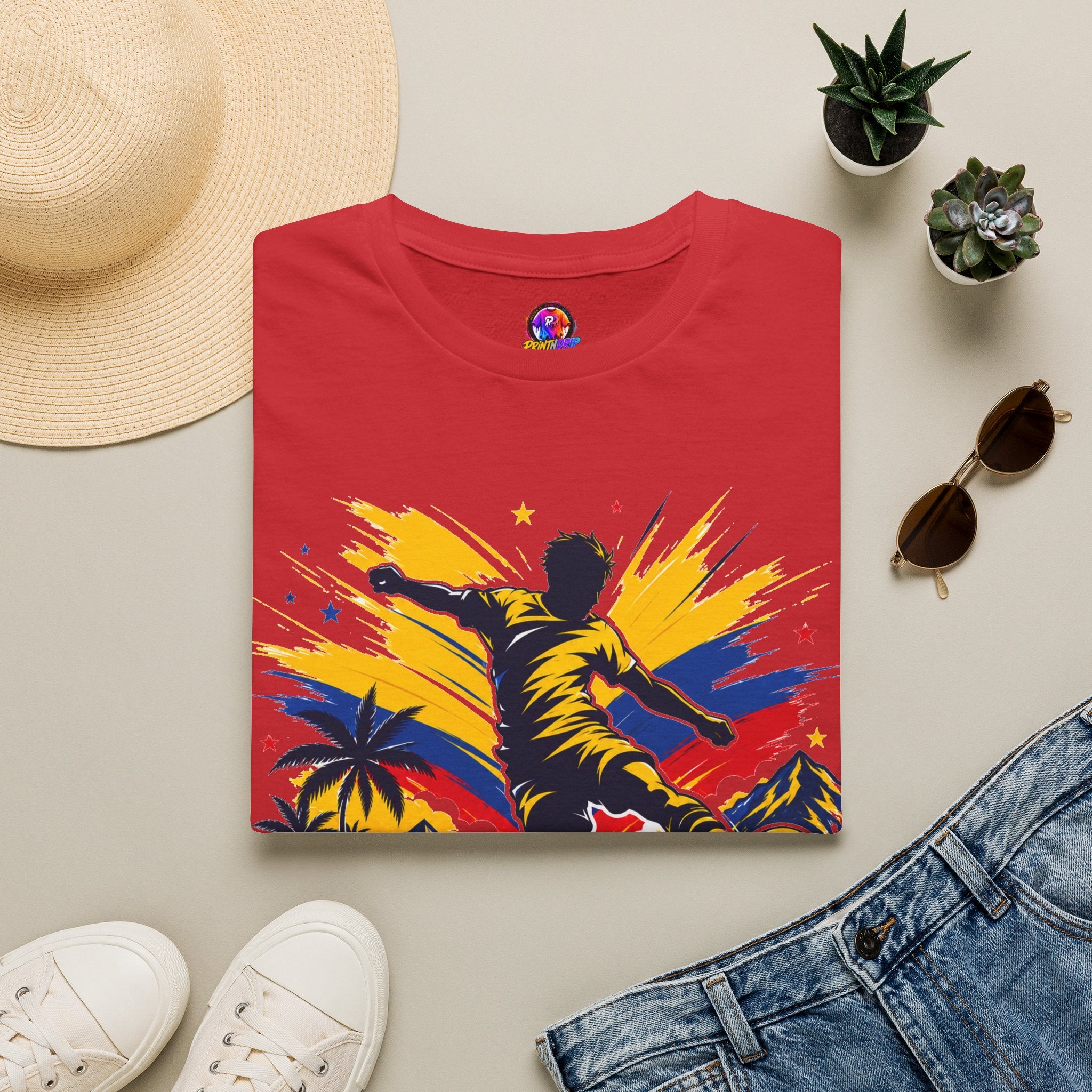 Columbia Soccer Player Graphic T-Shirt — "Golden Rhythm" Vibrant Beach Soccer Tee