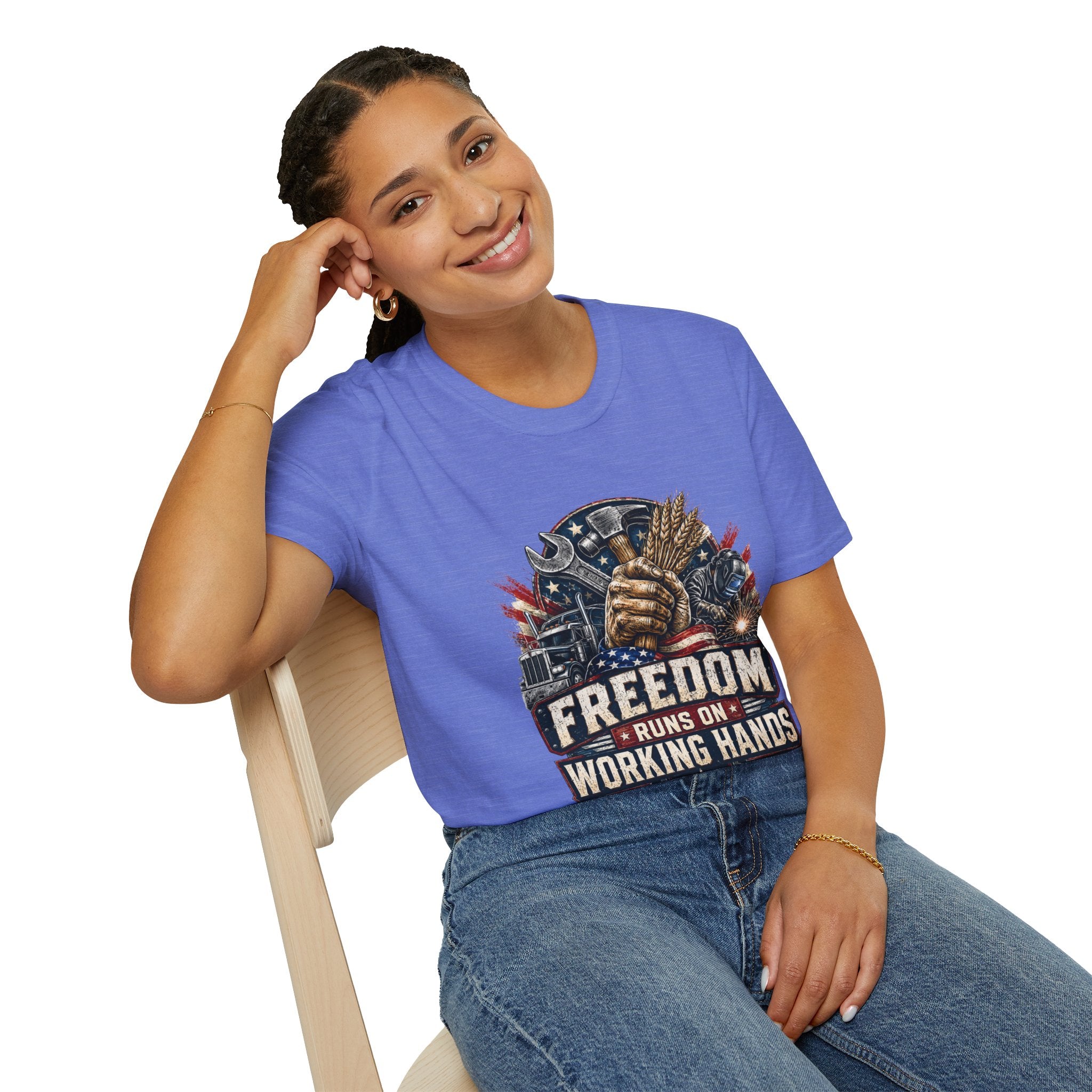 Freedom Runs on Working Hands T-Shirt — Patriotic Mechanic Tool & Wheat Design
