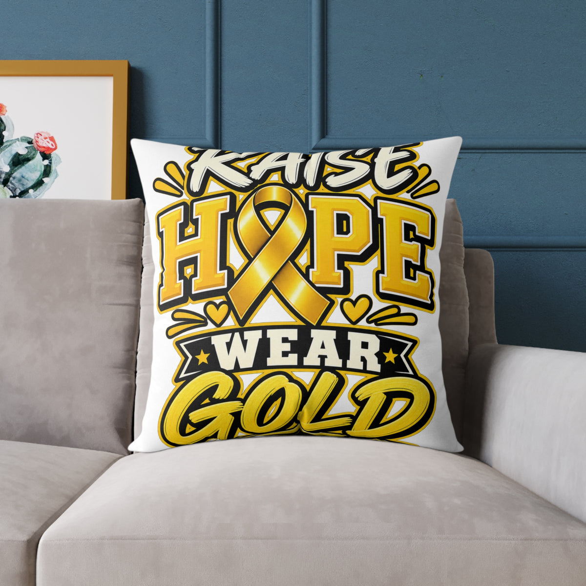 Raise Hope Wear Gold Pillow — Childhood Cancer Awareness Decorative Throw Pillow