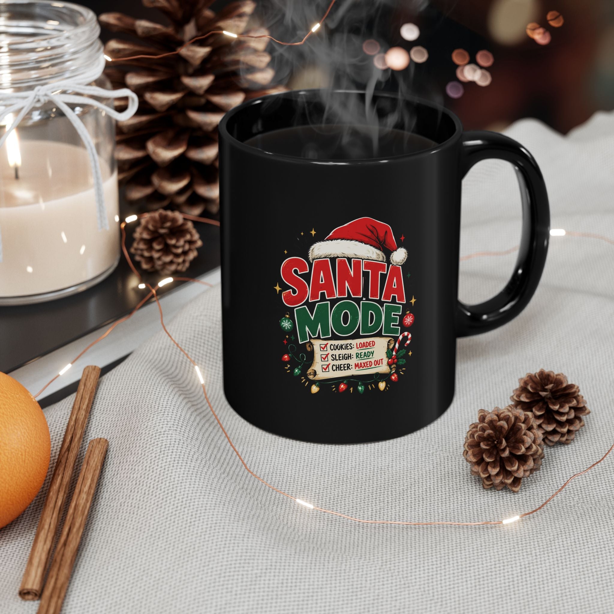 Santa Mode Christmas Mug — Festive Black Holiday Coffee Cup