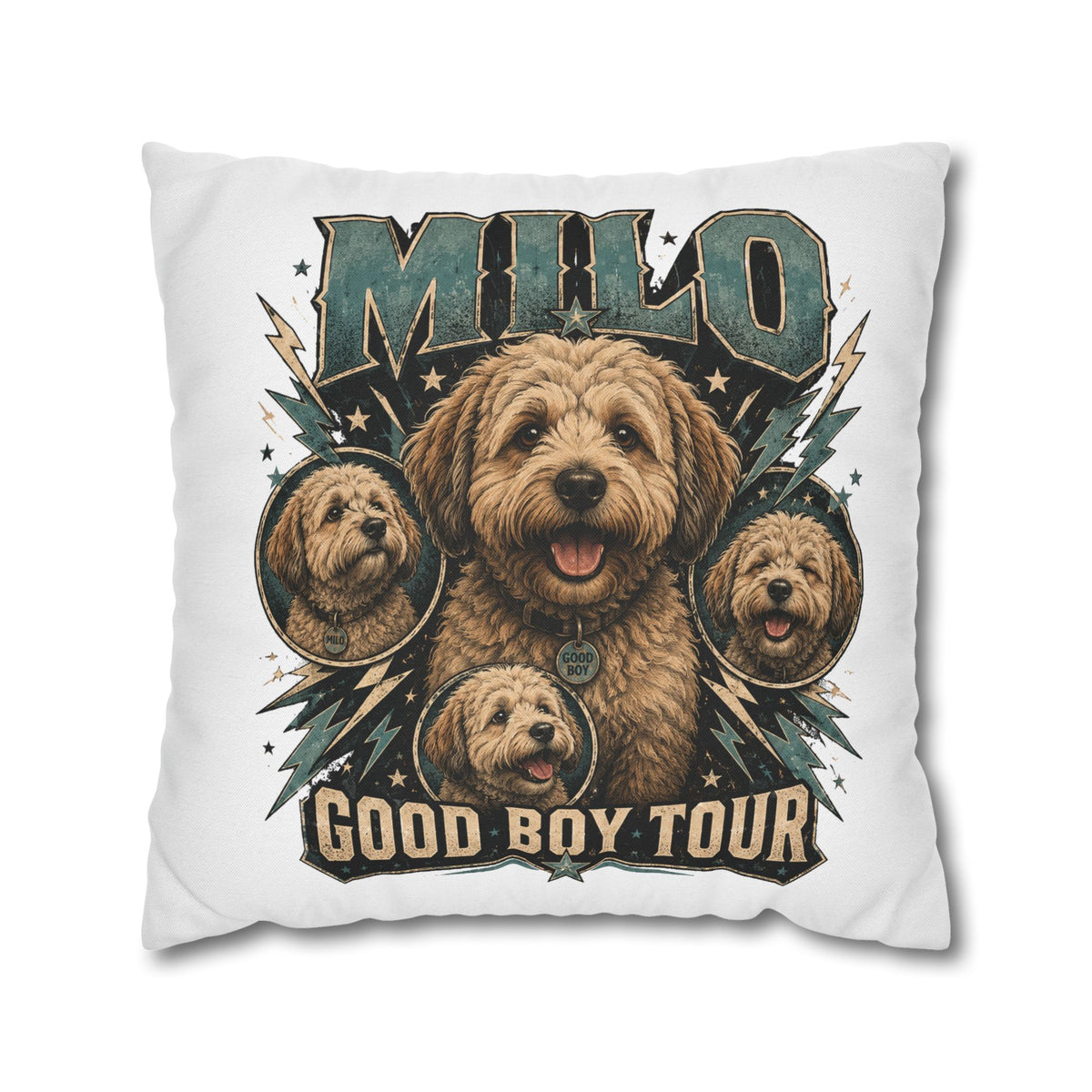 Milo "Good Boy Tour" Decorative Pillowcase — Cute Dog Portrait Square Throw Pillowcase Milo Bailey Dog Dad Mom