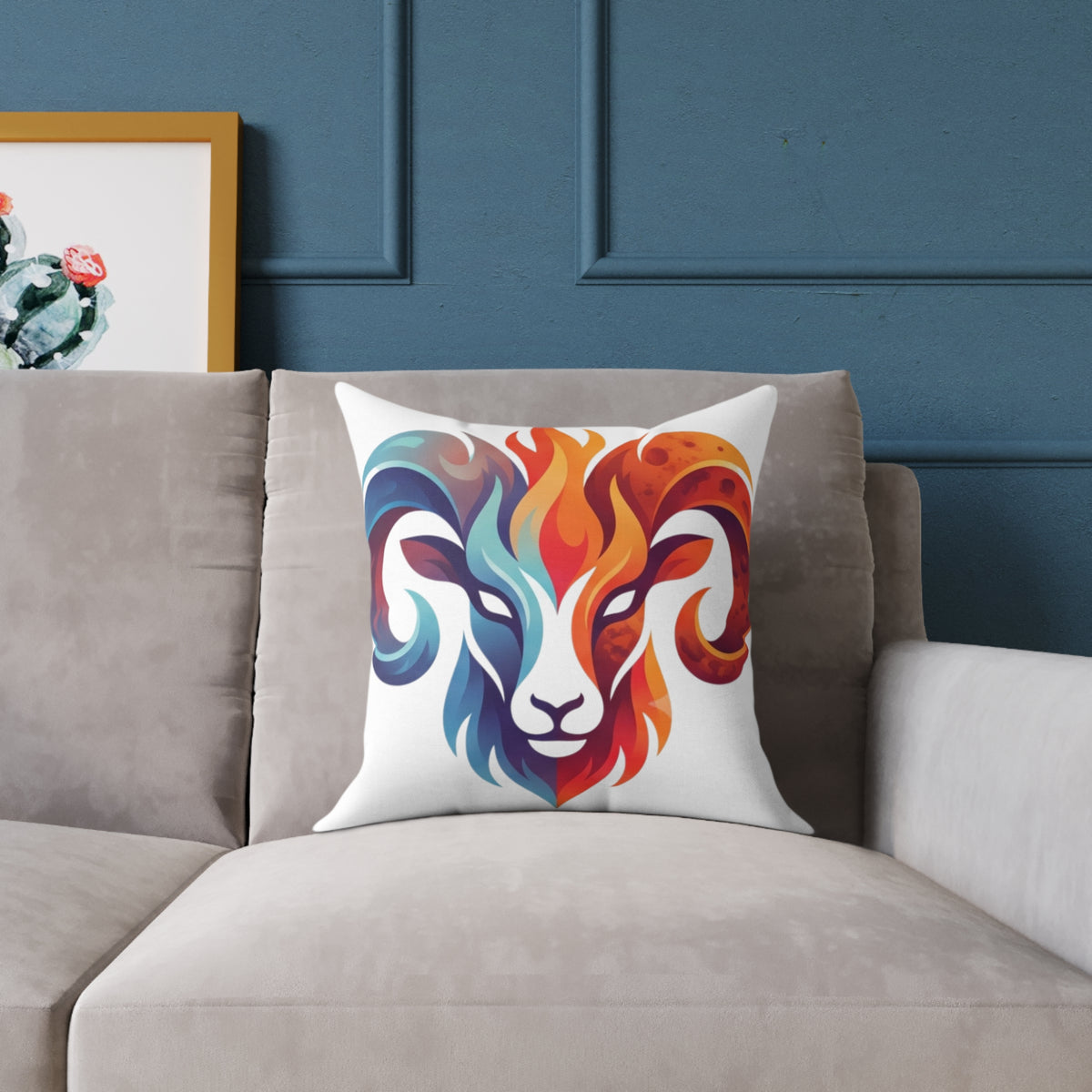 Aries Zodiac Flame Ram Art Pillow – Colorful Zodiac Aries Throw Pillow