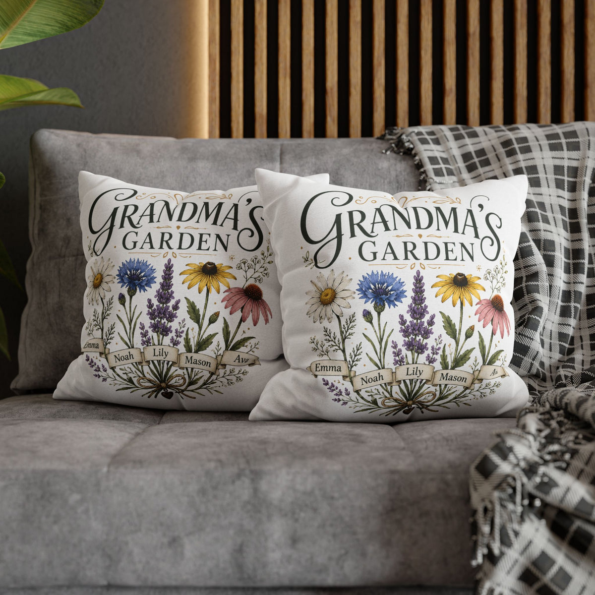 Grandma’s Garden Floral Pillowcase Milo Bailey Dog Dad Mom — Personalized Names Decorative Throw Pillow