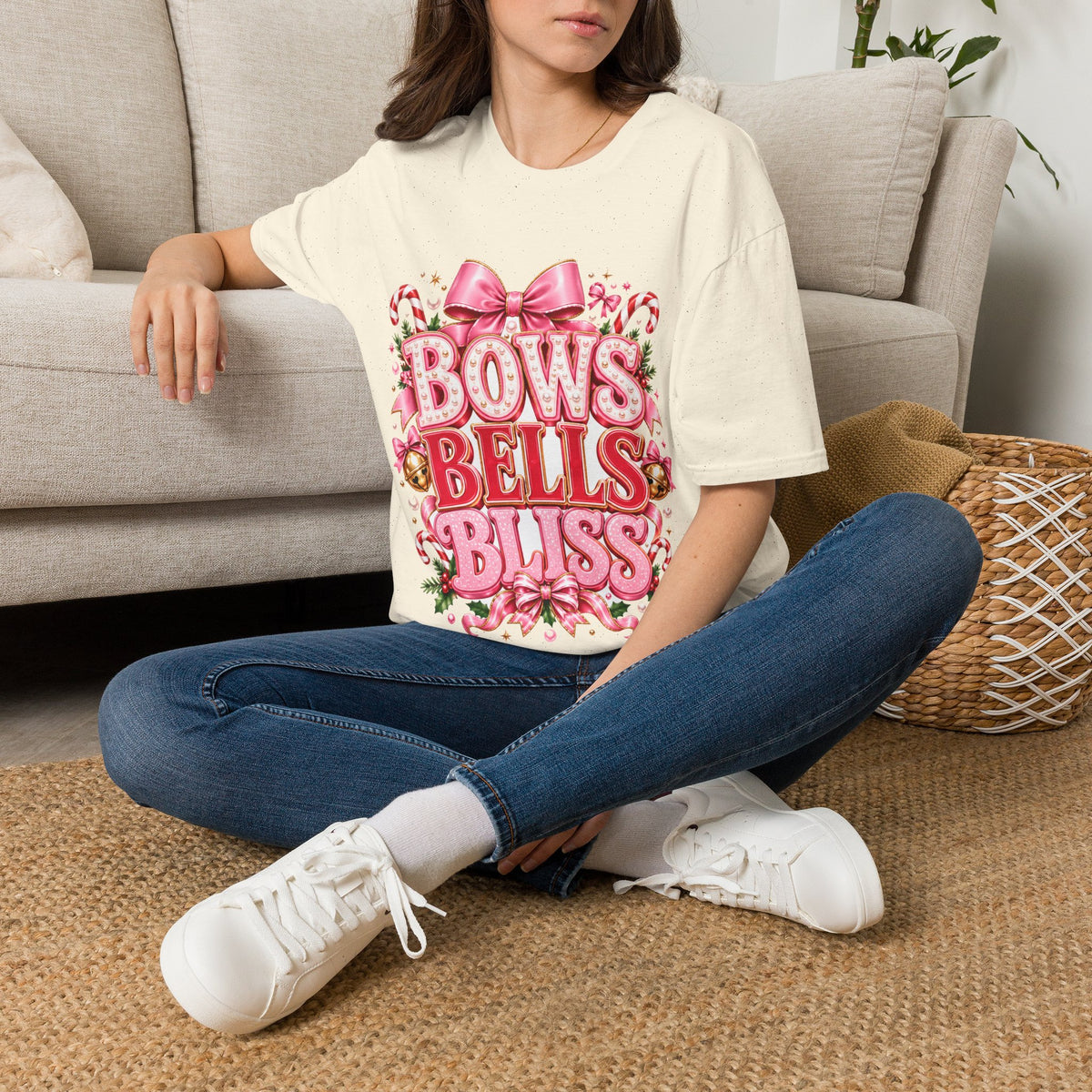 Bows Bells Bliss Christmas T‑Shirt — Pink Holiday Bow Graphic