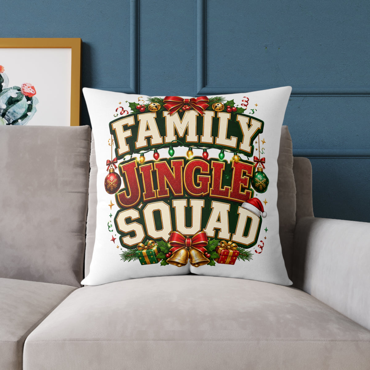 Family Jingle Squad Christmas Throw Pillow - Holiday Decorative Square Pillow