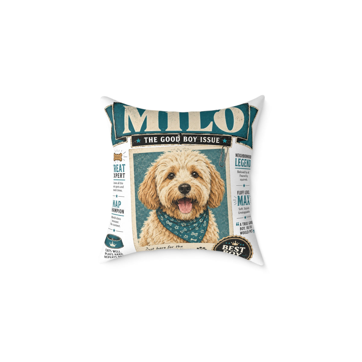 Personalized Dog Magazine Cover Pillow  Milo Bailey Dog Dad Mom — 'MILO' Square Poly Canvas Throw Pillow