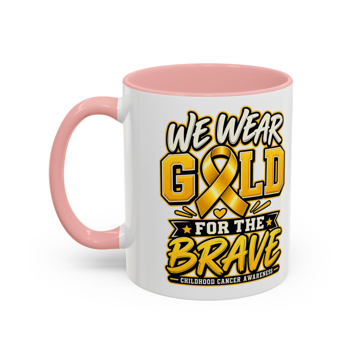 Childhood Cancer Awareness Accent Coffee Mug – "We Wear Gold for the Brave" (11/15 oz)