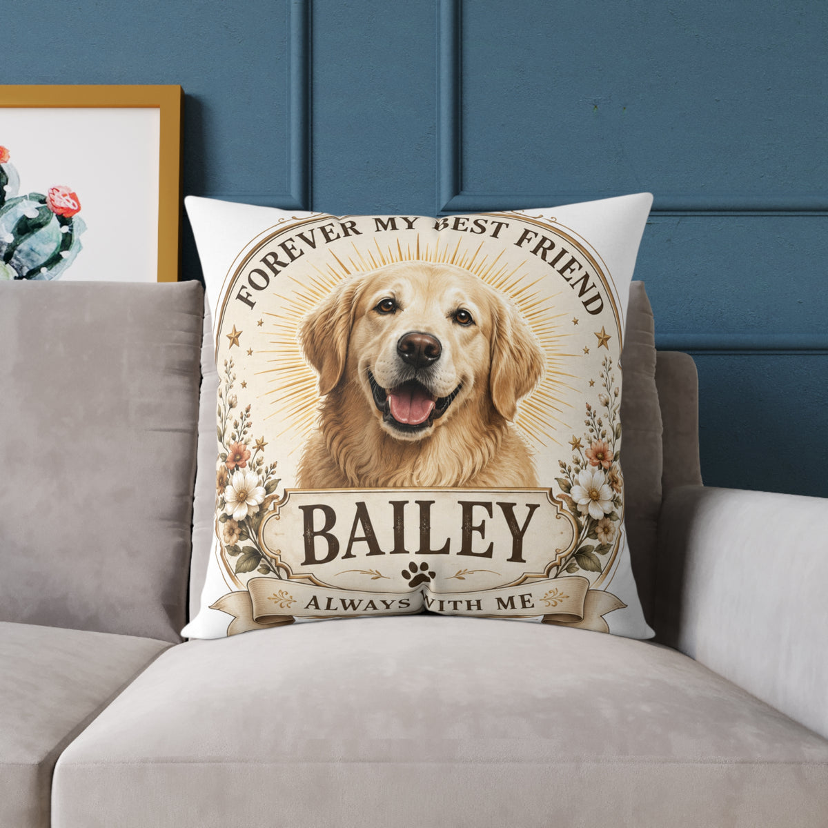 Personalized Dog Pillow Milo Bailey Dog Dad Mom - "Forever My Best Friend" Custom Pet Name Golden Retriever Throw Pillow