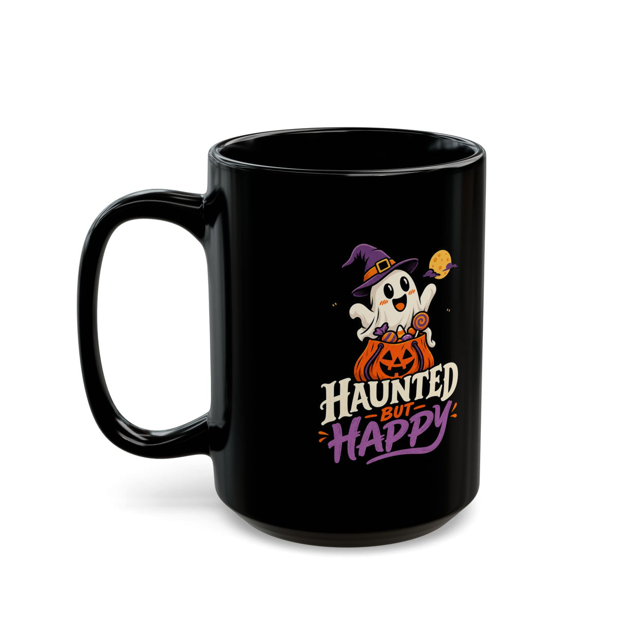 Haunted But Happy Halloween Mug — Cute Ghost Pumpkin Black Coffee Cup