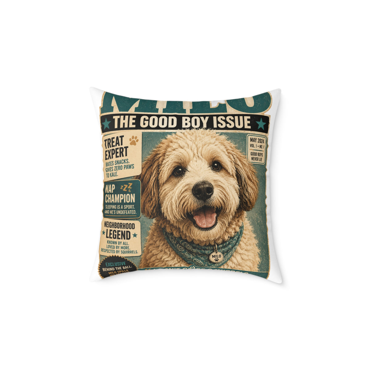 Milo Bailey Dog Dad Mom Square Pillow — 'The Good Boy Issue' Vintage Dog Cover