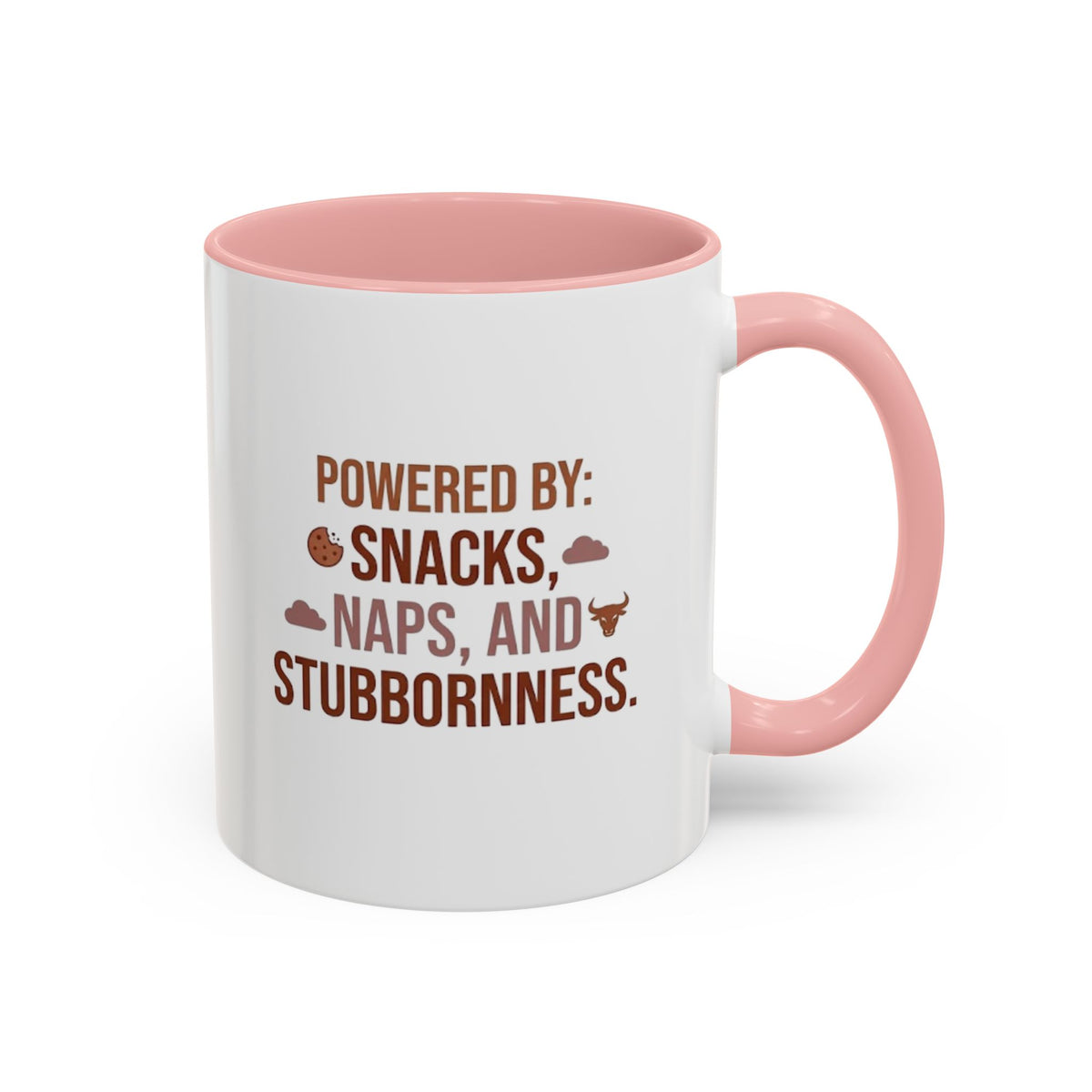 Taurus Coffee Mug - "Powered by Snacks, Naps, and Stubbornness" Accent Ceramic Mug