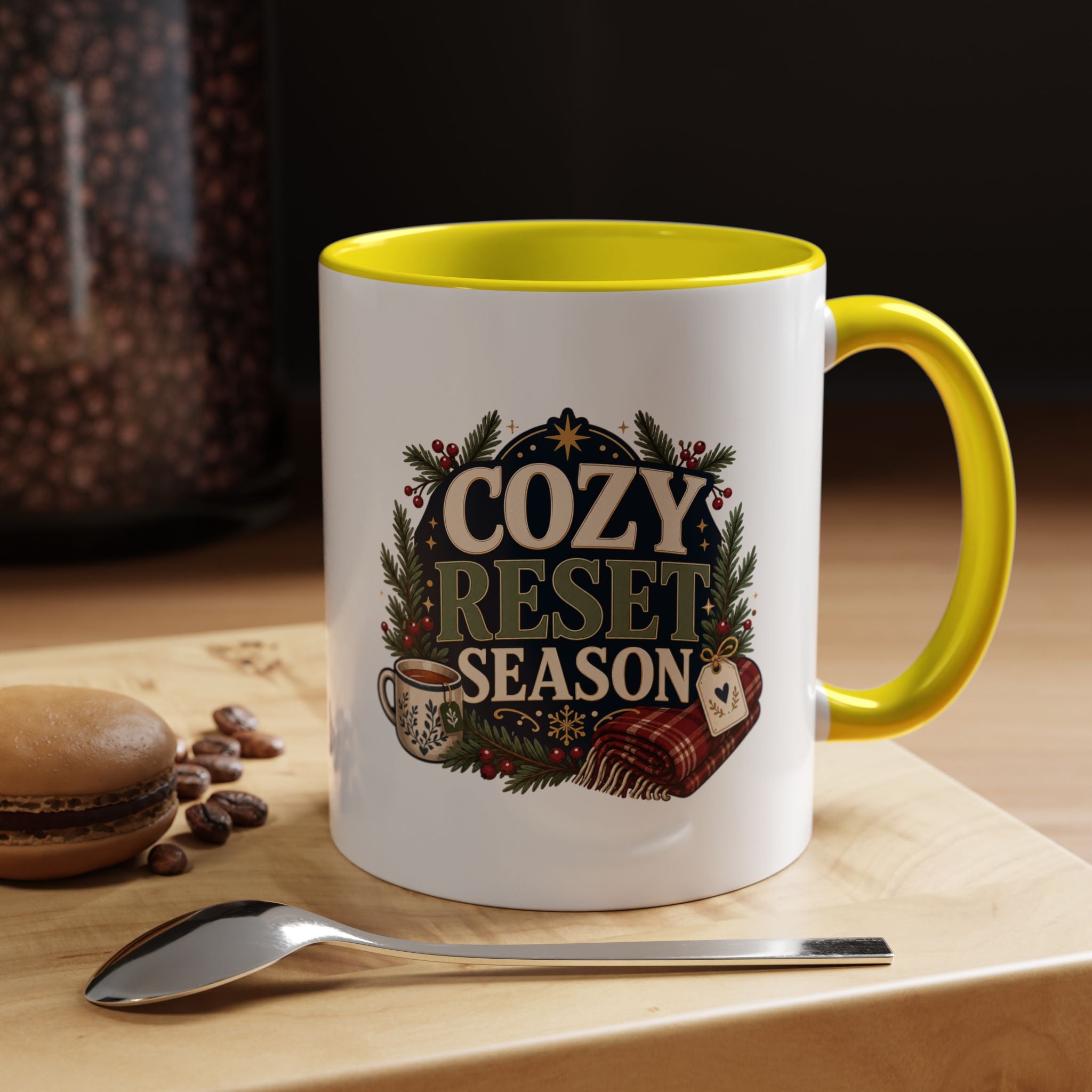 Modern Day Christmas Cozy Reset Season Mug — Holiday Coffee Cup with Blanket & Tea Tag Design